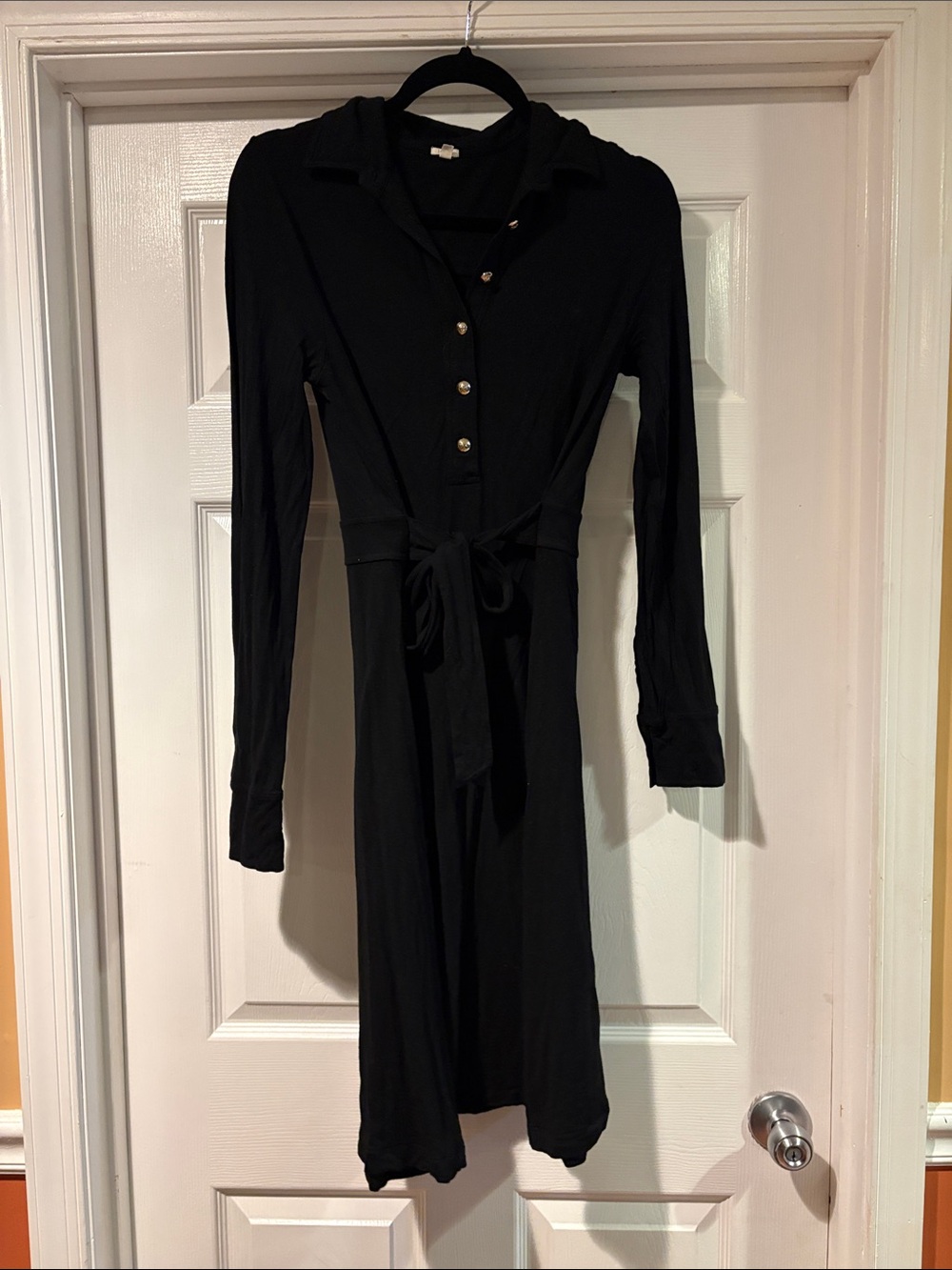 J. Crew Black Long-Sleeve Button-Front Tie-Waist Dress